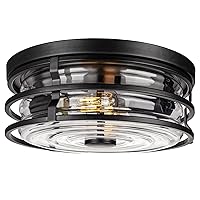Industrial Close to Ceiling Light Fixture, Flush Mount Ceiling Light with Black Metal Cage Striped Glass, 2-Light Ceiling Lamp for Kitchen Hallway Bedroom Living Room Foyer
