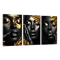 ZXHYWYM Black and Gold African American Wall Art 3 Piece African Woman Pictures Golden Black Girl Print on Canvas Modern Living Room Bedroom Decor Frame (Woman - 3, 16