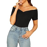 GORGLITTER Women's Off Shoulder Tee Tops Short Sleeve Sweetheart Neck Ribbed Knit T Shirts