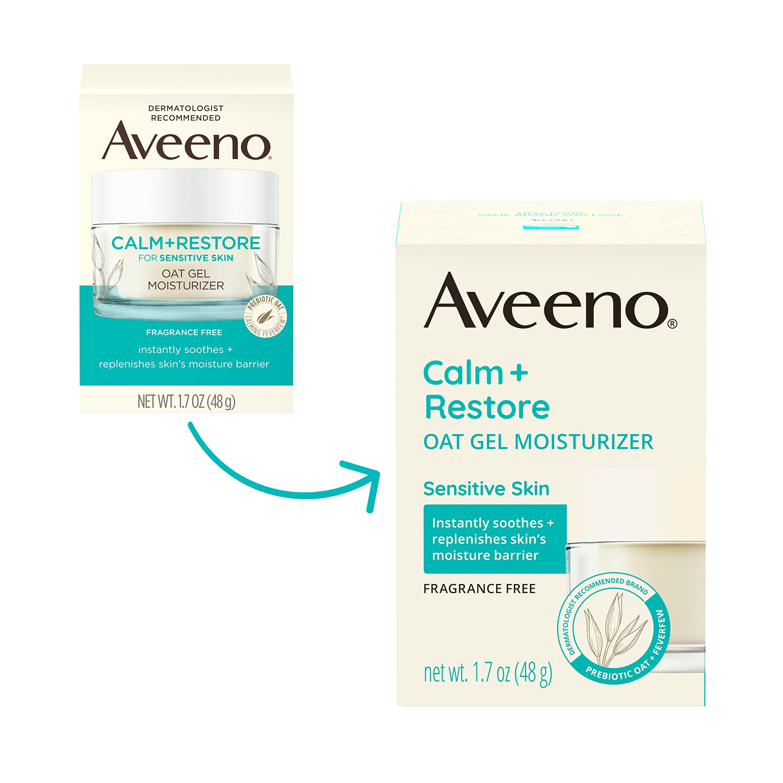 Aveeno Calm + Restore Oat Gel Facial Moisturizer for Sensitive Skin, Lightweight Gel Cream Face Moisturizer with Prebiotic Oat and Feverfew, Hypoallergenic, Fragrance- and Paraben-Free, 1.7 oz