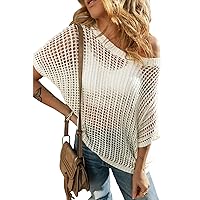 UONBOX Crochet Tops for Women Short Sleeve Sweater Casual Hollow Out Knit Pullover Floral T Shirt Cover Up