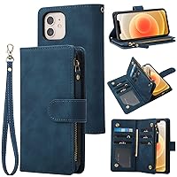 RANYOK Wallet Case Compatible with iPhone 12/12 Pro (6.1 inch), Premium PU Leather Zipper Flip Folio RFID Blocking Wallet with Wrist Strap Kickstand Protective Case - Blue
