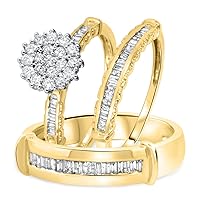 14K Yellow Gold Fn His/Her Wedding Trio Ring Set 1 1/5Ct Round & Baguette Sim Diamond