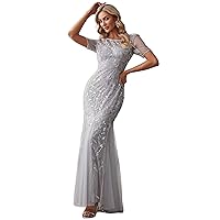 CSYPJYT Women's Long Mermaid Prom Dress Boat Neck Short Sleeve Formal Evening Gown