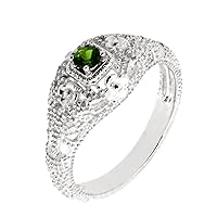 Filigree Sterling Silver Round Cut Natural Green Chrome Diopside Statement Ring (Chrome Diopside.T.W)
