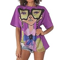 Women Hot Drilling Cute Cartoon Graphic T-Shirts Trendy Y2K Short Sleeve Crewneck Summer Casual Loose Tunic Tops