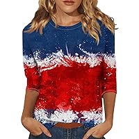 Womens American Flag Patriotic 3/4 Sleeve Shirt 4Th of July Independence Day Crewneck Cute Festival Tops