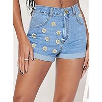 Jean Shorts Womens Daisy Floral Print Roll Up Hem Denim Shorts (Color : Light Wash, Size : Small)