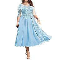 Mother of The Bride Dresses Plus Size Lace Evening Dress with Sleeves Tea Length Formal Party Gown