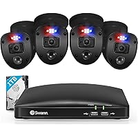 1080P Video 8 Channel DVR Security Camera System, 1TB Hard Drive, 4 Indoor/Outdoor Cameras with Audio, Wired CCTV Home Surveillance, Color Night Vision, SwannForce LED Lights & Sirens, 846804SLB