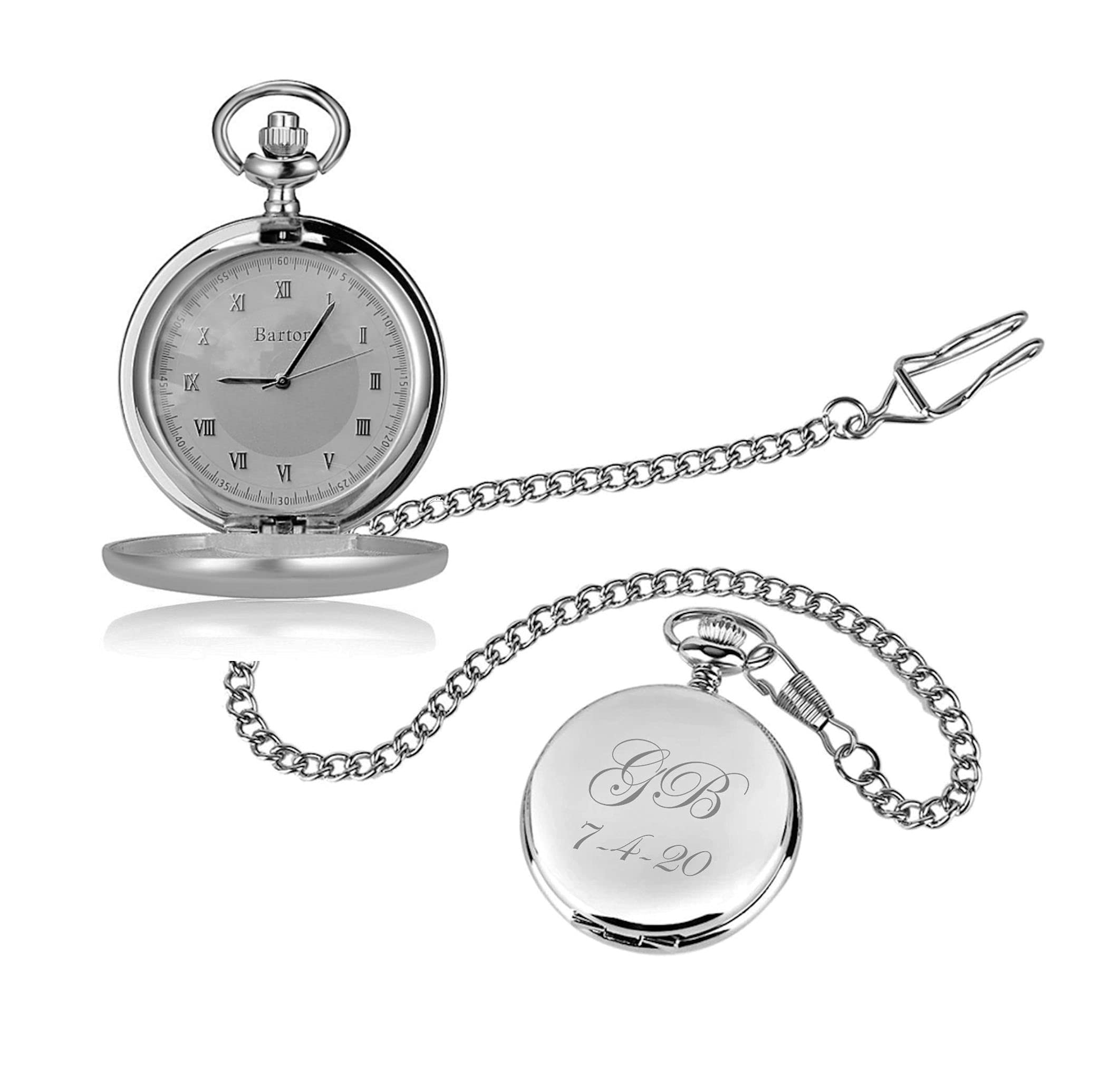 A&L Engraving Personalized Men's Stainless Steel Pocket Watch with Glass Cover and Chain Custom Engraved Free - Ships from USA,silver(PW-10)