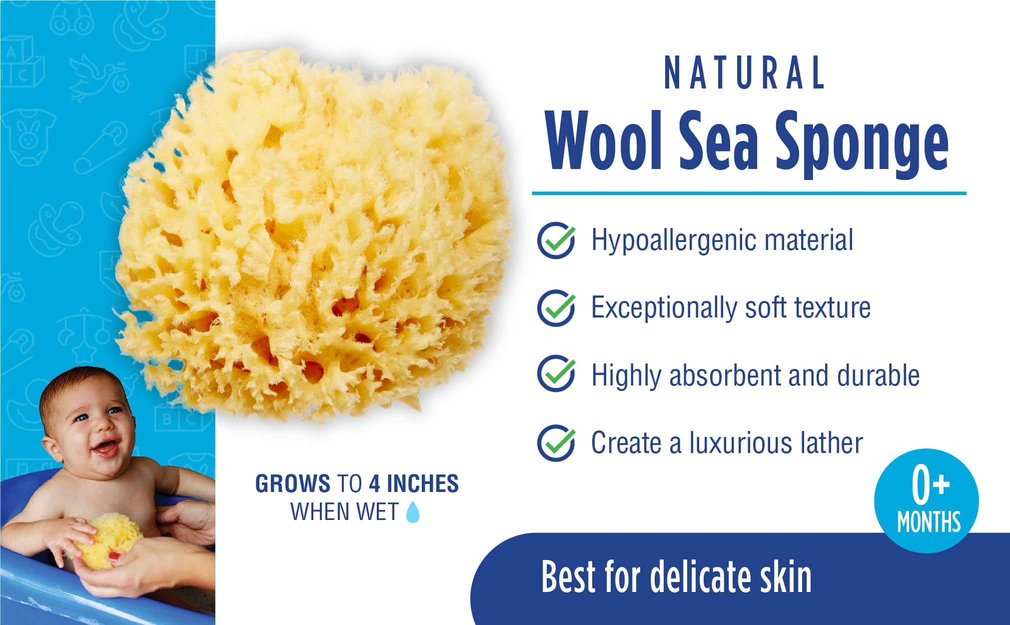 Baby Buddy Natural Wool Sea Sponge, Baby Bath Sponge, Soft on Tender Skin, Hypoallergenic, Brown, 4.5in, 1 Count