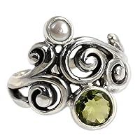 NOVICA Artisan Handmade Peridot Cultured Freshwater Pearl Cocktail Ring .925 Sterling Silver Green White Indonesia Flash Birthstone 'Cloud Song'