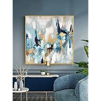 Blue and Gold Abstract Wall Art for Office. Large Hand-Painted Oil Painting for Living Room. Framed Blue Wall Painting Contemporary for Bedroom Home Decoration Ready to Hand 40x40inches
