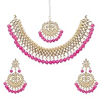 Ethnic Indian Kundan Choker Necklace, Earrings with Tikka Jewelry For Women & Girls Traditional Bridal Pink Pearl Set of 3 Pcs Complete Jewelry Set