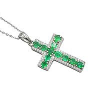 Natural 4X3 MM Oval Cut Zambian Emerald Gemstone 925 Sterling Silver Unisex Holy Cross Pendant Necklace Emerald Jewelry Christmas Gifts For Wife (PD-8278)