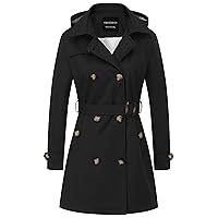 CREATMO US Women's Trench Coat Double-Breasted Classic Lapel Overcoat Belted Slim Outerwear Coat with Detachable Hood