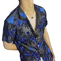 Embroidery Trendy Transparent Blue Floral Shirt Men Sexy Velvet Shirt Short Sleeve See Through Social Club Shirt