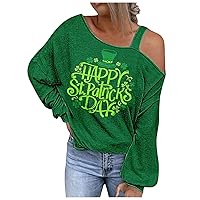 St Patricks Day T Shirt for Women, Women's Sexy Off The Shoulder Sweatshirt Shamrock Printed Slouchy Long Tunics Tops