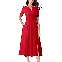 VFSHOW Women Pleated Neck Pockets Buttons Work Office Business A-Line Midi Dress