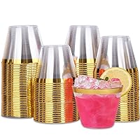 100 Pack Gold Rimmed Plastic Cups - 9 oz Hard Clear Plastic Cups, Premium Disposable Cups For Cocktail And Drinking - Food Grade Party Cups Set - Sturdy Plastic Tumbler Cups - Gold Rim