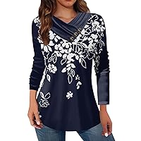 Womens Clothes,Womens Tops V Neck Long Sleeve Pleated Button Elegant T Shirts Fashion Patchwork Floral Printed Henley Blouse 100 Days of School Shirt Teacher