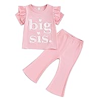 2Pcs Toddler Baby Girl Summer Outfits Big Sister Ribbed Ruffle Short Sleeve T-Shirt Tops Bell Bottom Pants Set