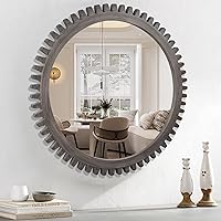 Round Wall Mirror 24 Inch, Decorative Wooden Framed Circle Mirror, Industrial Cog Hanging Mirror for Bathroom Living Room Office or Hallway, Rustic Grey