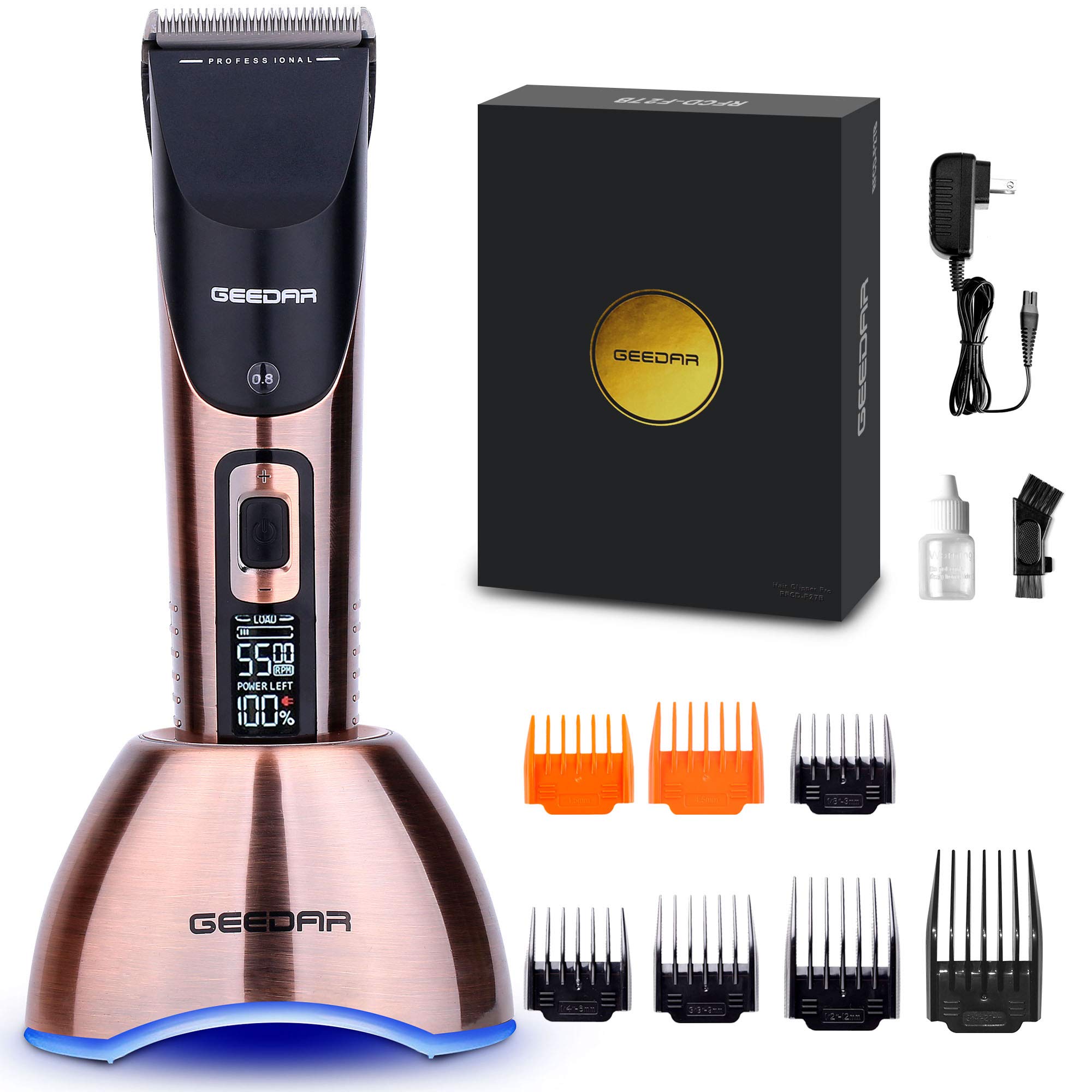 GEEDAR Professional Cordless Hair Clippers for Men (Up to 7 Hour Run Time) Titanium Ceramic Blade LED Display Charger Stand Gifts for Men