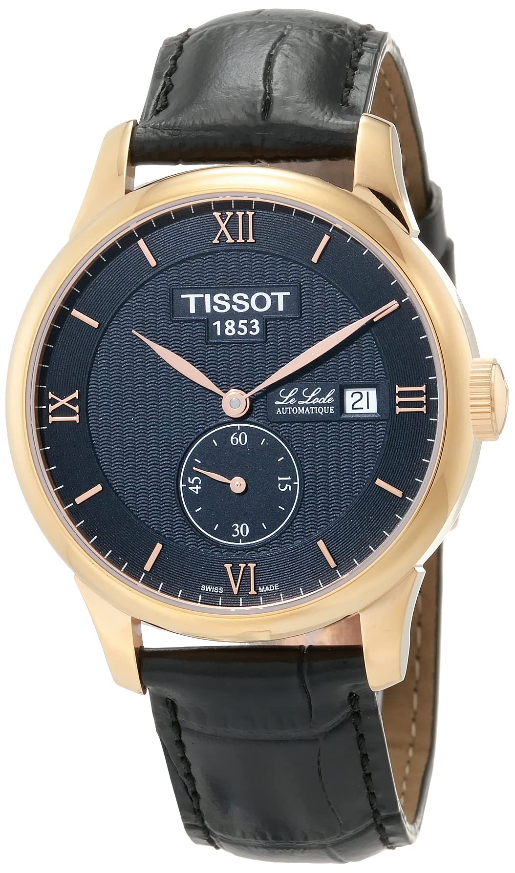 Tissot Mens Le Locle Automatic Petite Seconde 316L Stainless Steel case with Rose Gold PVD Coating Automatic Watch, Black, Leather, 19 (T0064283605801)