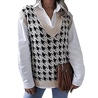 PEHMEA Womens V-Neck Sweater Vest Sleeveless Houndstooth Pullover Knitted Waistcoat