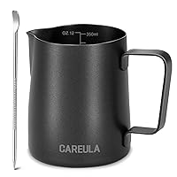 Milk Frothing Pitcher, 12oz Stainless Steel Milk Frother Cup Steaming Pitcher, Coffee Bar Cappuccino Espresso Machine Accessories Barista Tools, Metal Pitcher Milk Jug with Latte Art Pen, Matte Black