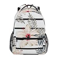 ALAZA White Hibiscus Flowers Stripe Backpack for Women Men,Travel Trip Casual Daypack College Bookbag Laptop Bag Work Business Shoulder Bag Fit for 14 Inch Laptop