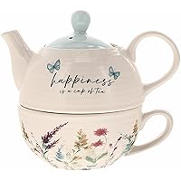 Pavilion - Happiness 14.5 oz Ceramic Teapot and Tea Cup Set, Watercolor Floral Tea for One Set, Floral Teapot with Cup, Stacked Teapot Cup, Summer Kitchen Decor, 1 Count, Blue