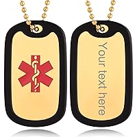 Personalized Medical Alert Necklace for Men/Women Custom Made Engraved Emergency Med ID Dog Tag/Heart/Round Pendant Gold/Black/Stainless Steel with Chain 24 Inches