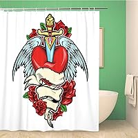 Bathroom Shower Curtain Broken Heart Tattoo Dagger and Bird Wings Red Roses 72x78 inches Waterproof Bath Curtain Set with Hooks