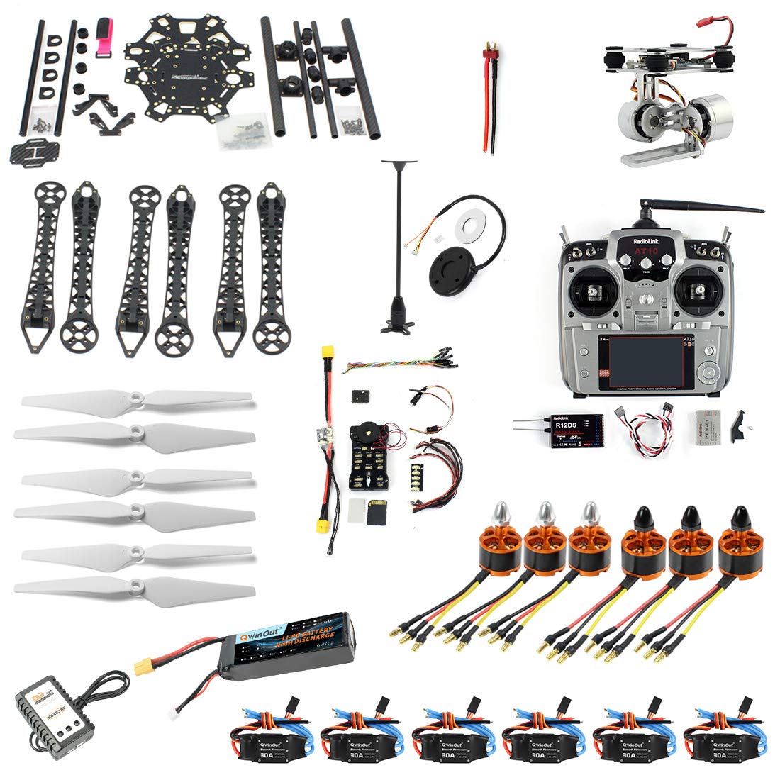 QWinOut DIY FPV Drone 6-axle Hexacopter Kit : HMF S550 Frame + PXI PX4 Flight Control + 920KV Motor + GPS + Gimbal Camera Mount + AT10 Transmitter