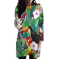 Tropical Bird Toucan, Parrot, Hoopoe and Palm Leaves Women's Long Sleeve T-Shirt Dress with Pockets Crewneck Tunic Top