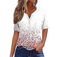 Womens T Shirts,Short Sleeve Tops for Women Fashion V Neck Button Boho Tops for Women Going Out Tops for Women
