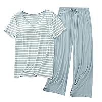 Women Comfy Modal Pajamas Sets Summer Built in Bra Sleepwear 2Pcs Outfit Stripe Short Sleeve T-Shirts & Capri Pants