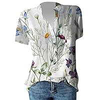 Womens Button Down Shirts Short Sleeve Linen Cotton Blouse V Neck Basic Simple Work Shirt Plain Tops Flowy Shirts for Women