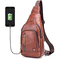 BULLCAPTAIN Men Crossbody Bag with USB Charging Port Genuine Leather Shoulder Sling Chest Bag Travel Hiking Backpack