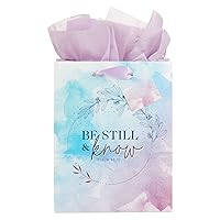 Christian Art Gifts Portrait Gift Bag w/Tag & Tissue Paper Set for Women: Be Still and Know - Psalm 46:10 Inspirational Bible Verse for Birthdays, Graduations, Watercolor Blue & Lilac Purple, Medium
