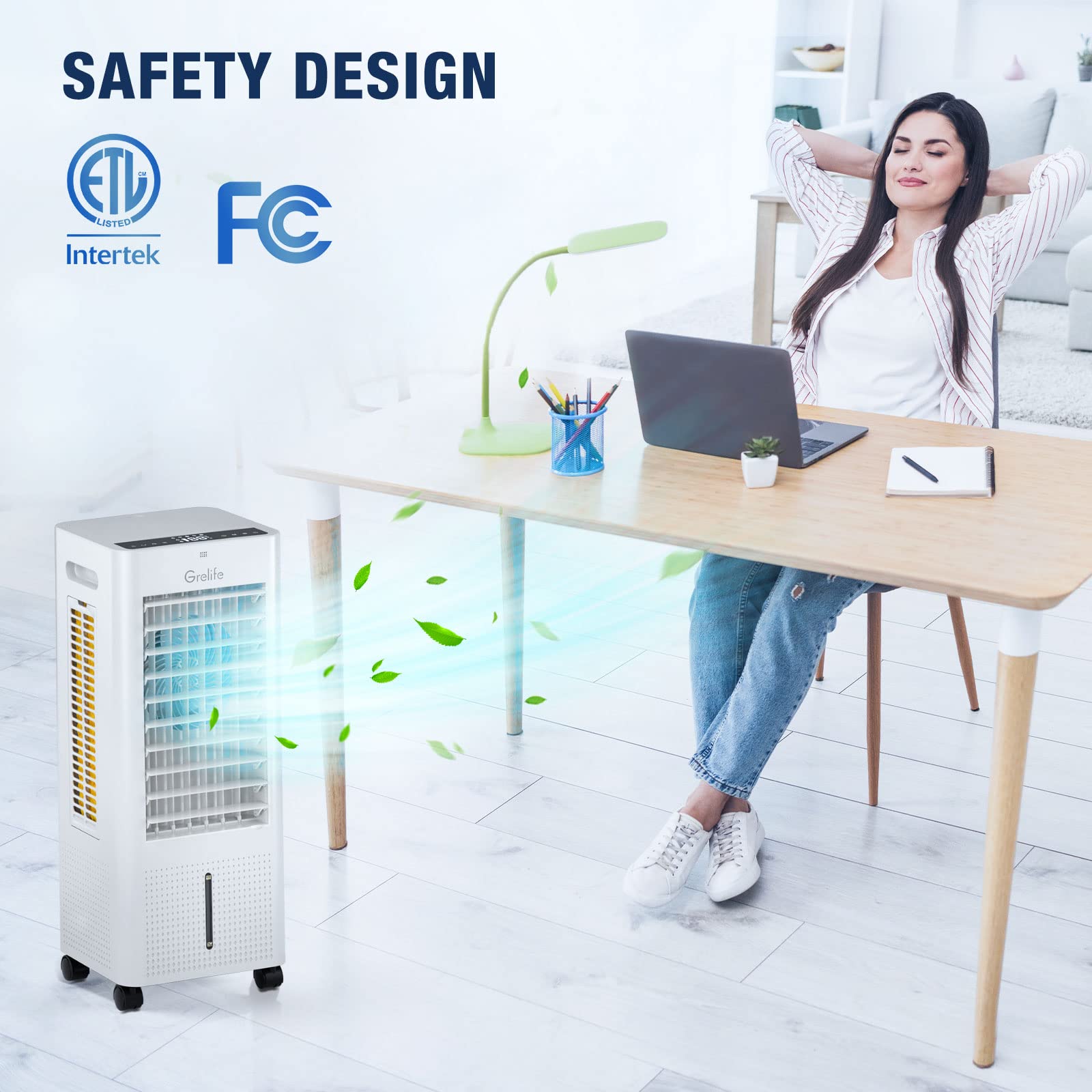 Grelife Evaporative Air Cooler, Portable Cooling Fan with 75° Oscillating, Humidifying, 1.58Gal Water Tank, 4 Ice Packs, Remote Control, 3 Speeds, 12H Timer, Personal Swamp Cooler for Room Home Office