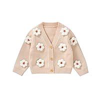 Infant Toddler Baby Girls Knitted Cardigan Long Sleeve Flower Knit Sweater Open Front Button Sweatshirt Fall Clothes