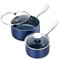 MICHELANGELO Saucepan Set, 1Qt & 2Qt Ceramic Sauce Pan with Lid, Nonstick Saucepans with Lids, Small Pot with Stainless Steel Handle, Oven Safe, Blue