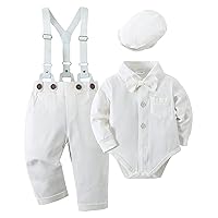 YALLET Baby Boy Clothes Set Infant Tuxedo Long Sleeve Gentleman Suit Outfits + Beret Hat + Suspender Pants + Bowtie 0-18M
