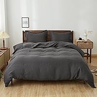 Simple&Opulence 100% Linen Duvet Cover Set with Solid Color Basic Style (Dark Grey, King) + 100% Linen Sheets with Striped (Grey, King)