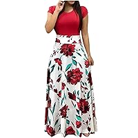 Maxi Dress for Women Floral Print Boho Dress High Waist Crewneck Short Sleeve Loose Summer Casual Long Dress Plus Size