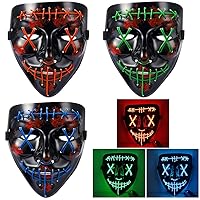 [3PACK] Halloween Scary Mask LED Mask-LED Purge MaskLED Light Up Mask EL Wire Light Up for Festival Cosplay Halloween Costume Halloween Festival Party（Blue light+Green light+Red light）